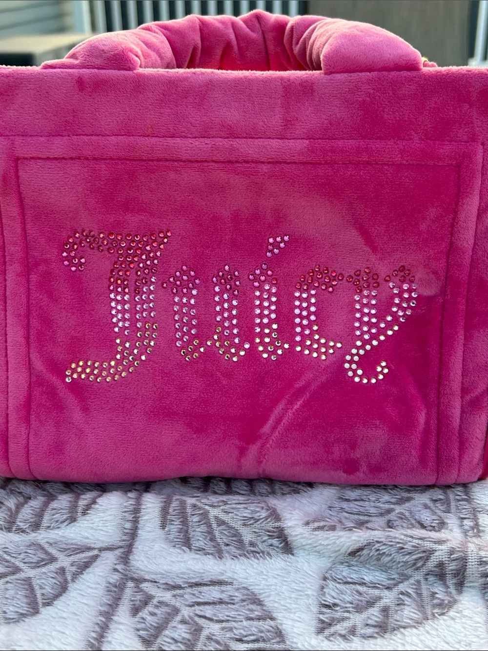 Retro Y2K Juicy Couture Hot Pink Plush Tote with Rhinestone Logo